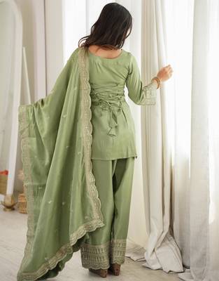 Women's Gorgeous Embroidery Work Roman Silk Fabric Straight Kurta Shalwar and Dupatta Set 4