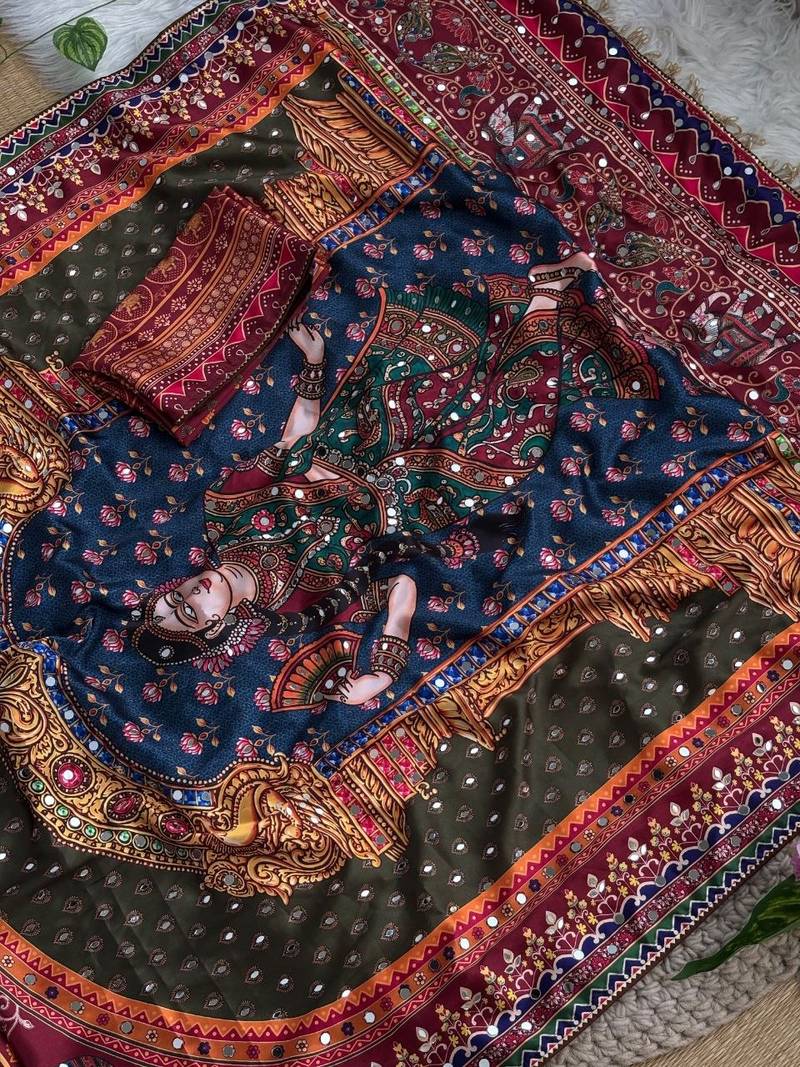 Multi Color  Real Mirror And Real moti tassels  Work Satin Saree