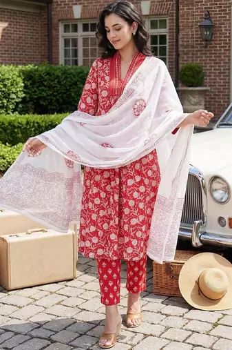 Women Floral Printed Pleated Beads and Stones Pure Cotton Kurta with Trousers & With Dupatta