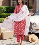 Women Floral Printed Pleated Beads and Stones Pure Cotton Kurta with Trousers & With Dupatta