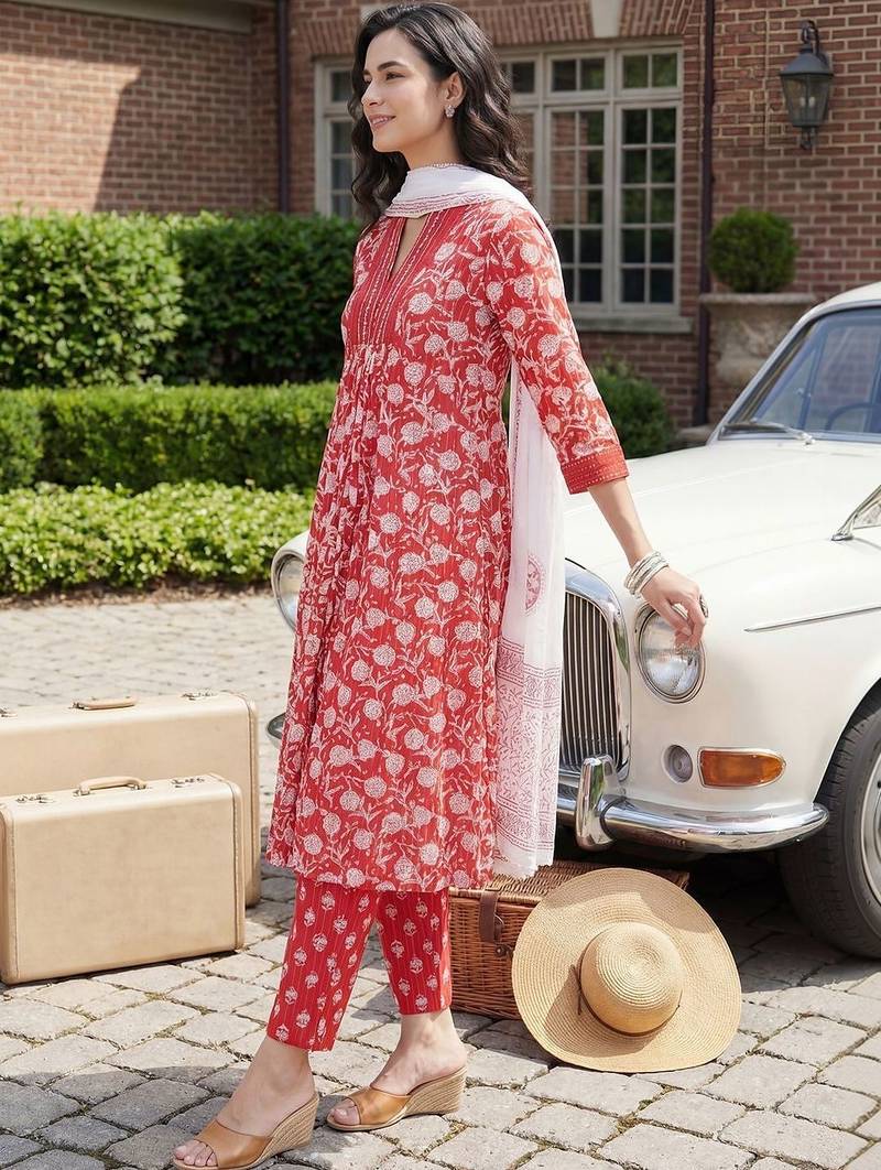 Women Floral Printed Pleated Beads and Stones Pure Cotton Kurta with Trousers & With Dupatta