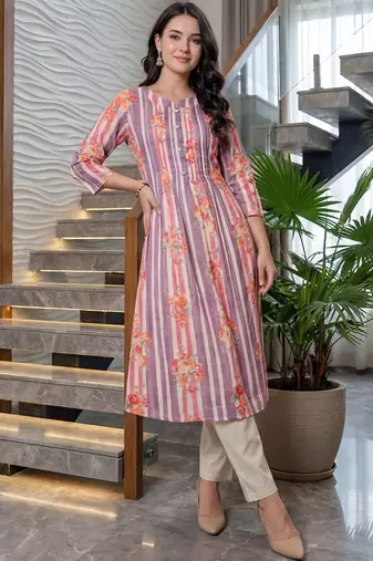 Women Printed Regular Beads and Stones Pure Cotton Kurta with Trousers