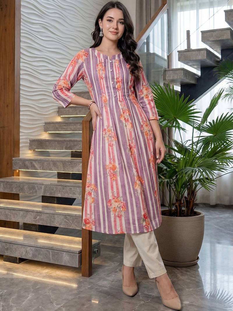 Women Printed Regular Beads and Stones Pure Cotton Kurta with Trousers