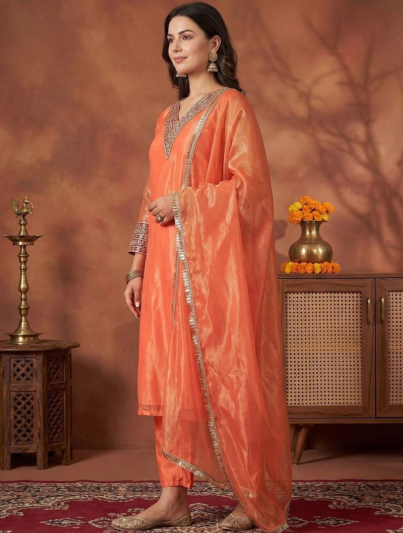 Women Ethnic Motifs Embroidered Regular Sequinned Kurta with Trousers & With Dupatta