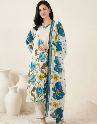 Women Floral Printed Regular Pure Cotton Kurta with Trousers & With Dupatta 2