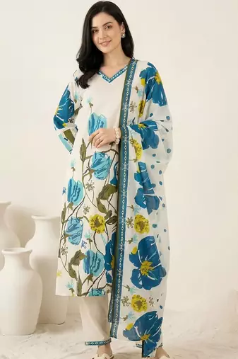 Women Floral Printed Regular Pure Cotton Kurta with Trousers & With Dupatta