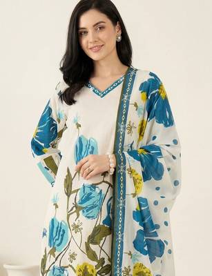 Women Floral Printed Regular Pure Cotton Kurta with Trousers & With Dupatta 6