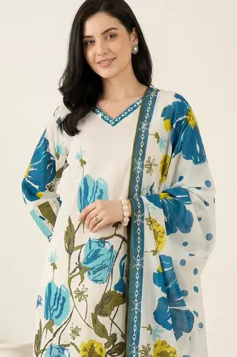 Women Floral Printed Regular Pure Cotton Kurta with Trousers & With Dupatta