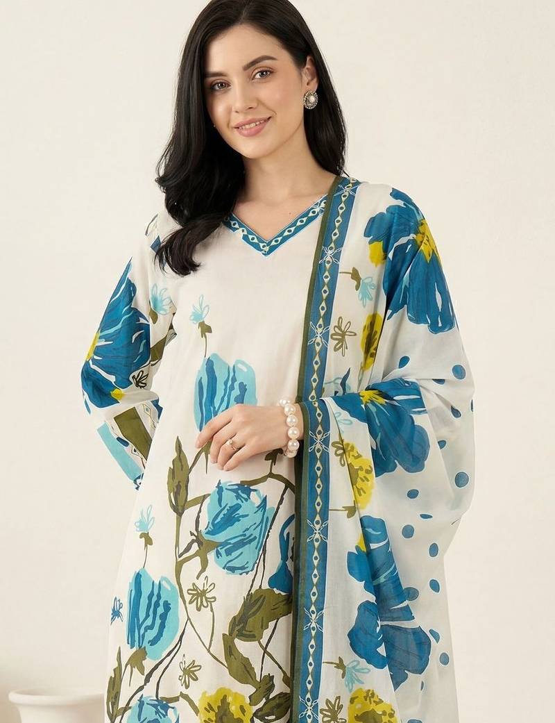 Women Floral Printed Regular Pure Cotton Kurta with Trousers & With Dupatta