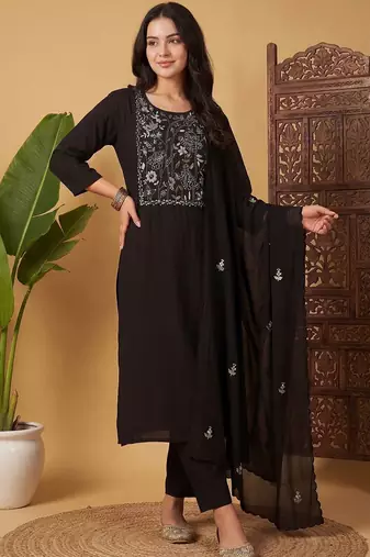 Women Floral Embroidered Regular Thread Work Kurta with Trousers & With Dupatta