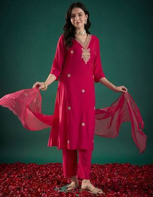 Women Ethnic Motifs Embroidered Regular Thread Work Kurta with Trousers & With Dupatta 1
