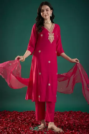 Women Ethnic Motifs Embroidered Regular Thread Work Kurta with Trousers & With Dupatta