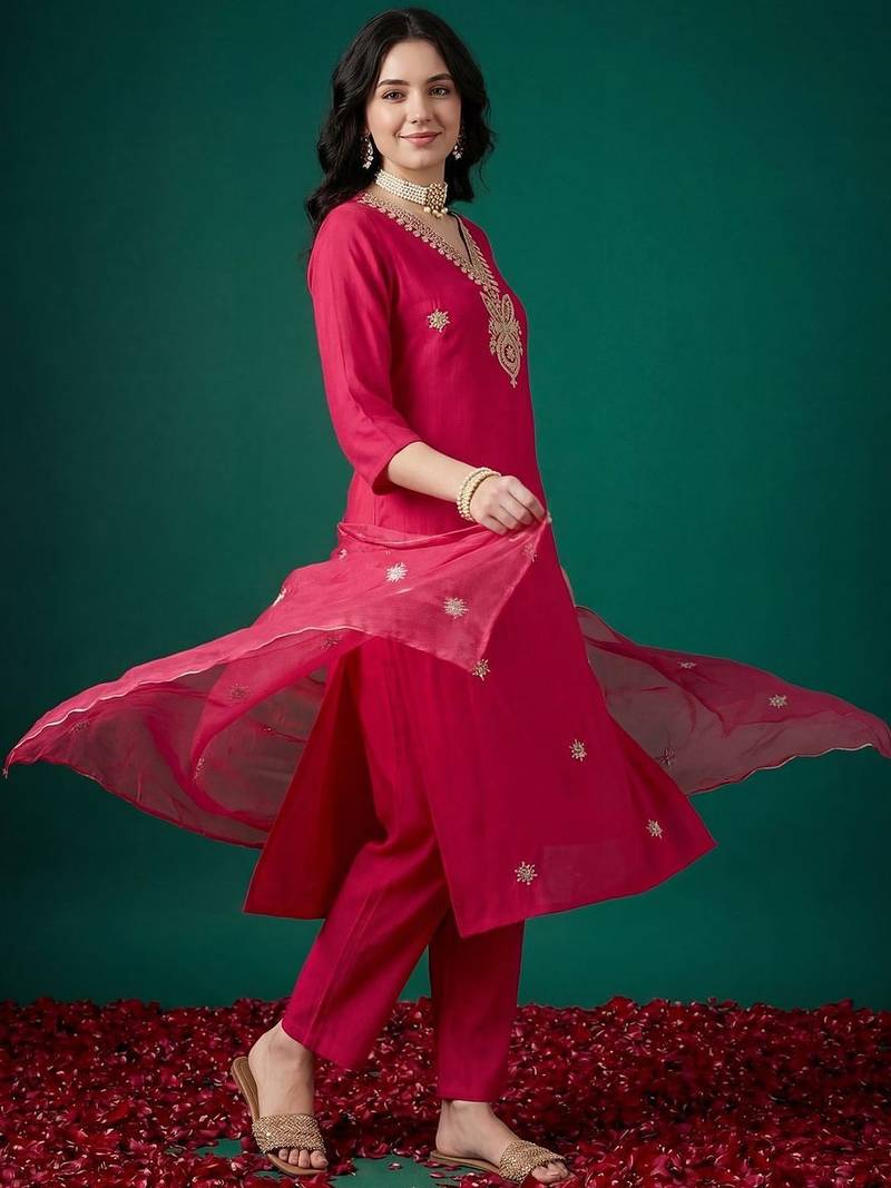 Women Ethnic Motifs Embroidered Regular Thread Work Kurta with Trousers & With Dupatta