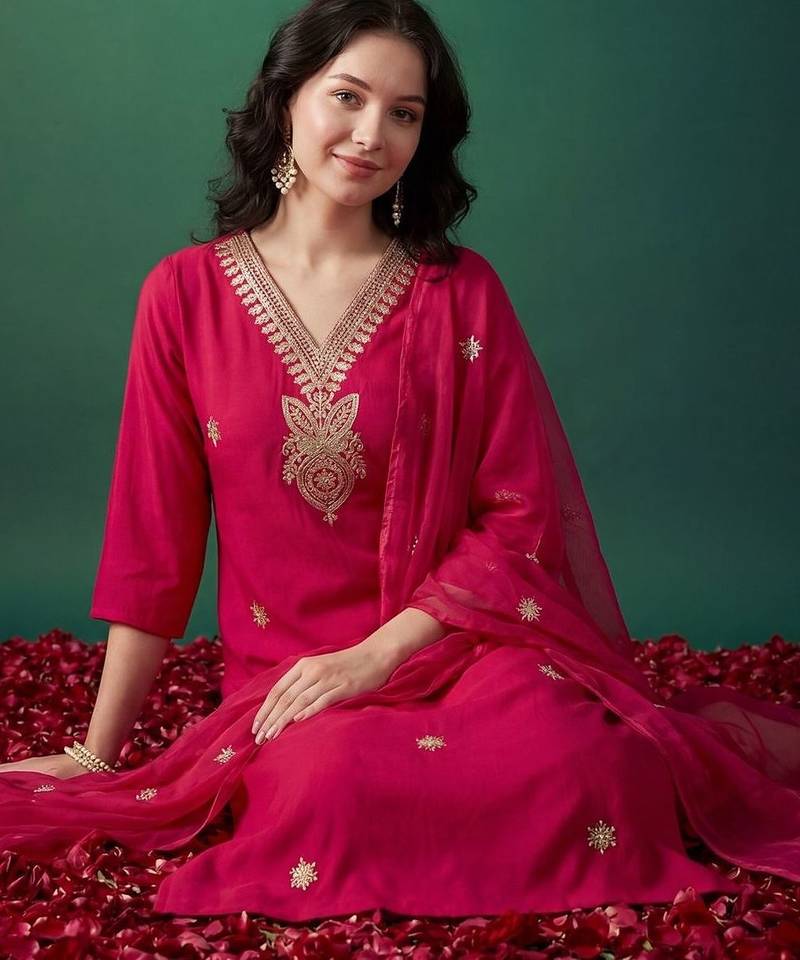 Women Ethnic Motifs Embroidered Regular Thread Work Kurta with Trousers & With Dupatta