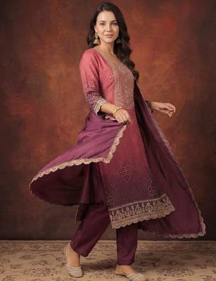 Women Bandhani Printed Regular Sequinned Kurta with Trousers & With Dupatta 1