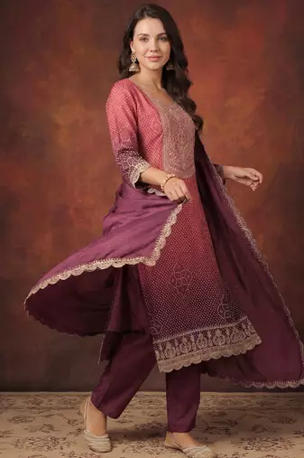 Women Bandhani Printed Regular Sequinned Kurta with Trousers & With Dupatta