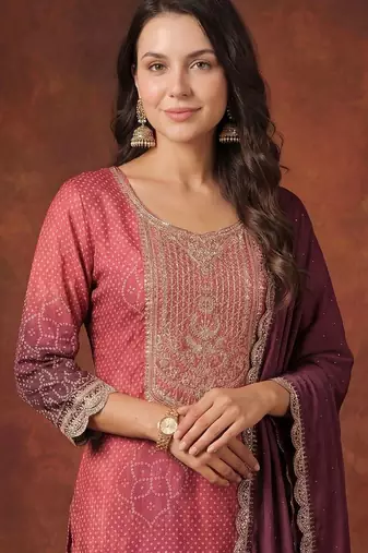 Women Bandhani Printed Regular Sequinned Kurta with Trousers & With Dupatta