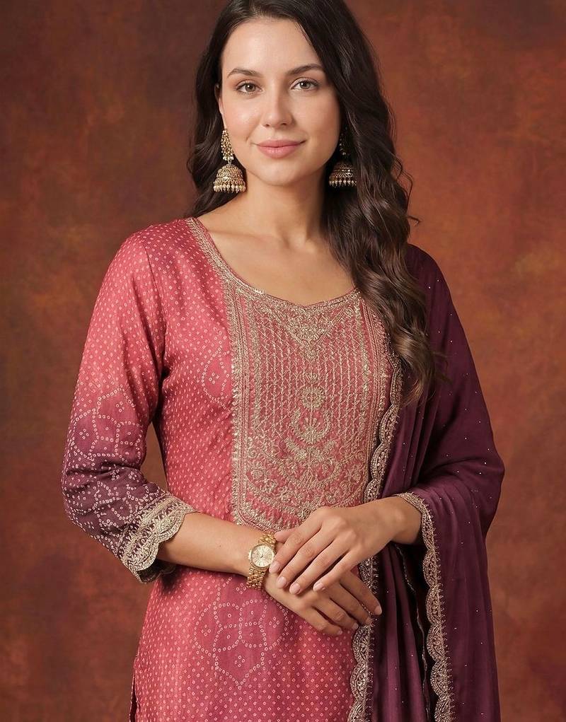 Women Bandhani Printed Regular Sequinned Kurta with Trousers & With Dupatta