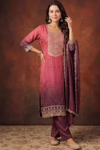 Women Bandhani Printed Regular Sequinned Kurta with Trousers & With Dupatta