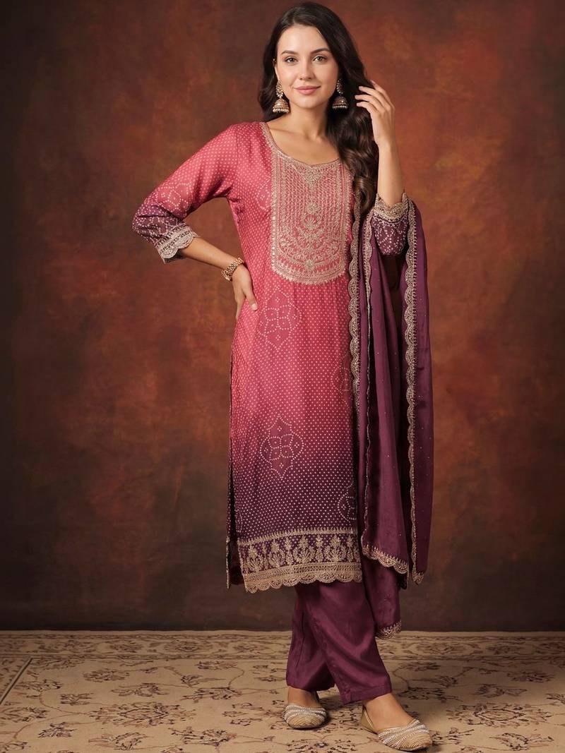 Women Bandhani Printed Regular Sequinned Kurta with Trousers & With Dupatta