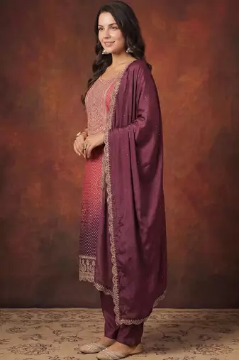 Women Bandhani Printed Regular Sequinned Kurta with Trousers & With Dupatta