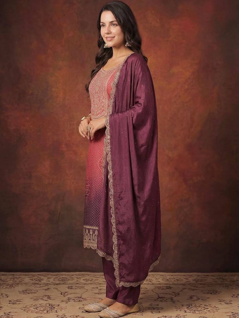 Women Bandhani Printed Regular Sequinned Kurta with Trousers & With Dupatta