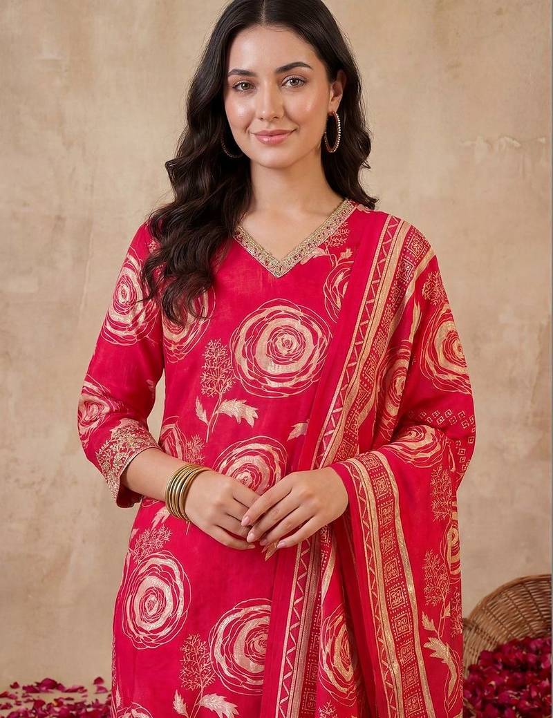 Women Floral Printed Regular Chanderi Silk Kurta with Trousers & With Dupatta