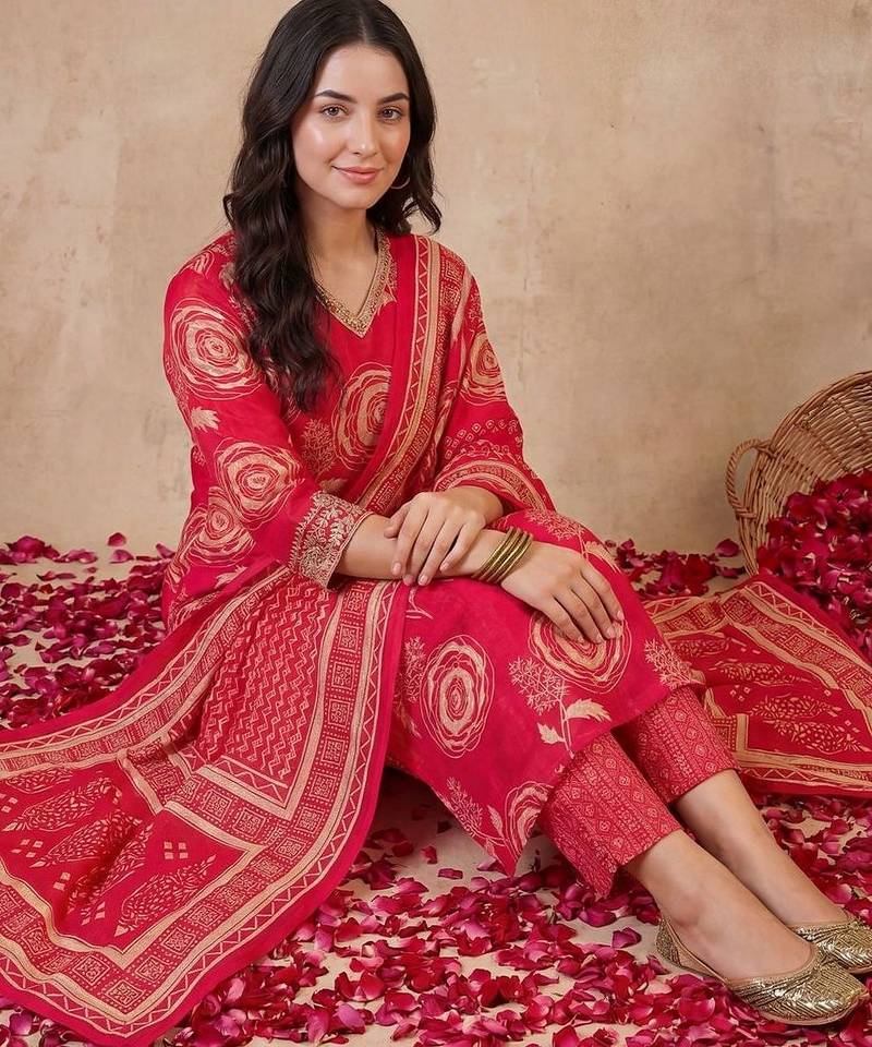 Women Floral Printed Regular Chanderi Silk Kurta with Trousers & With Dupatta