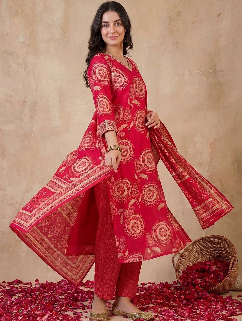 Women Floral Printed Regular Chanderi Silk Kurta with Trousers & With Dupatta