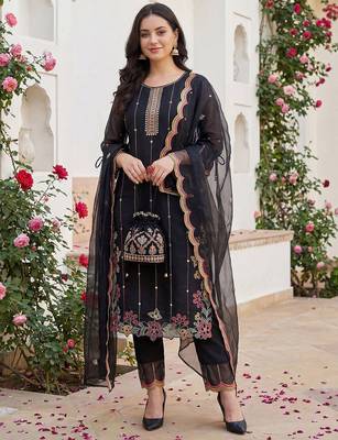Women Floral Embroidered Regular Mirror Work Kurta with Trousers & With Dupatta 1