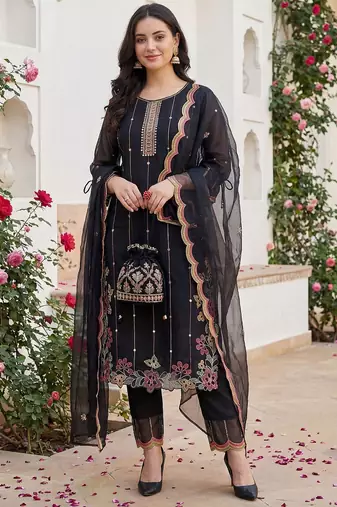 Women Floral Embroidered Regular Mirror Work Kurta with Trousers & With Dupatta