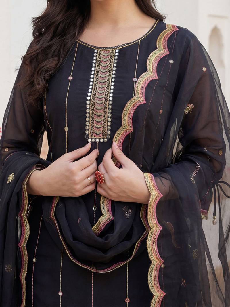 Women Floral Embroidered Regular Mirror Work Kurta with Trousers & With Dupatta
