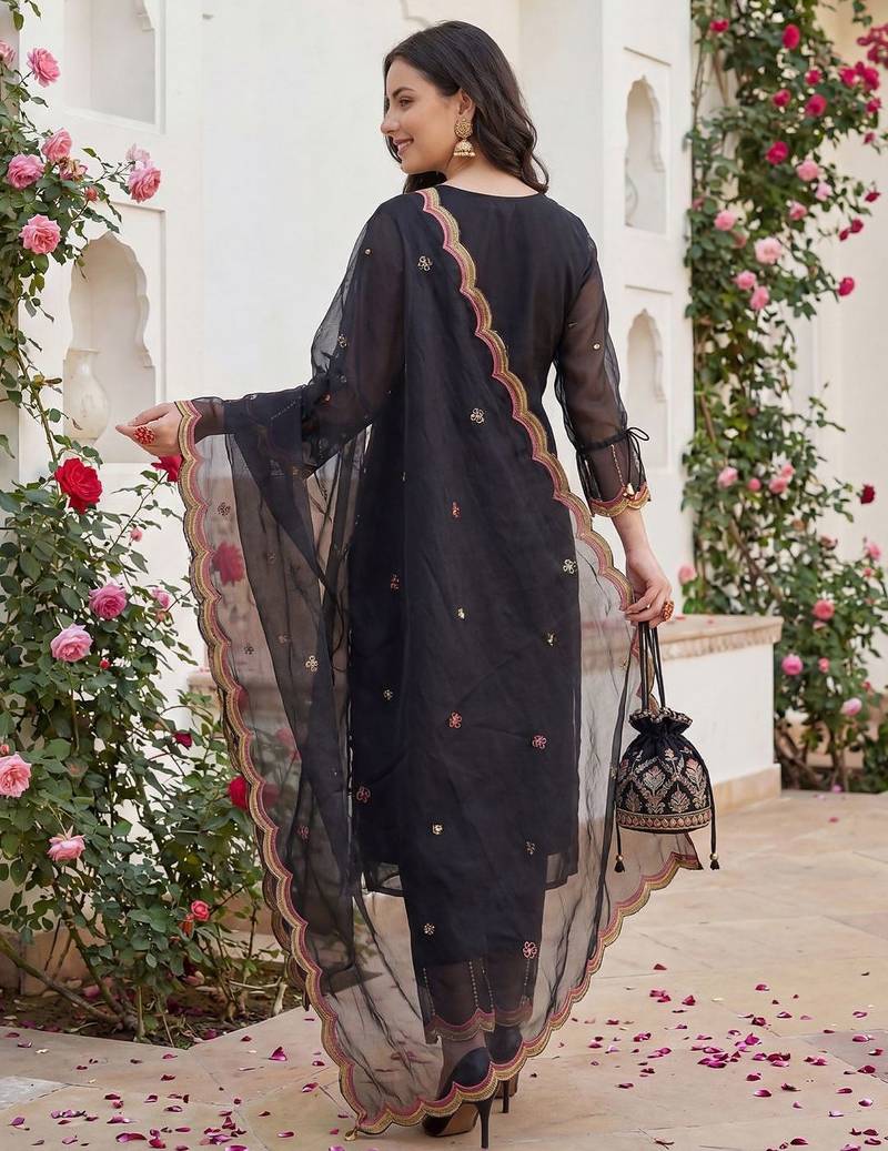 Women Floral Embroidered Regular Mirror Work Kurta with Trousers & With Dupatta