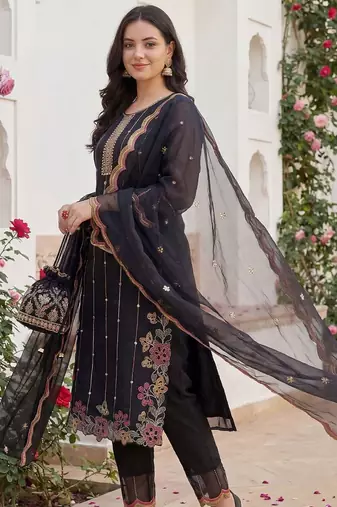 Women Floral Embroidered Regular Mirror Work Kurta with Trousers & With Dupatta