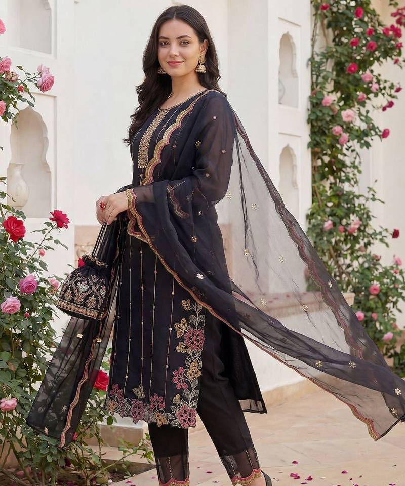 Women Floral Embroidered Regular Mirror Work Kurta with Trousers & With Dupatta
