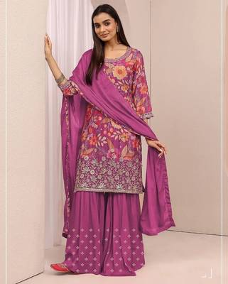 Orchid floral print chinon kurta palazzo set with dupatta 1