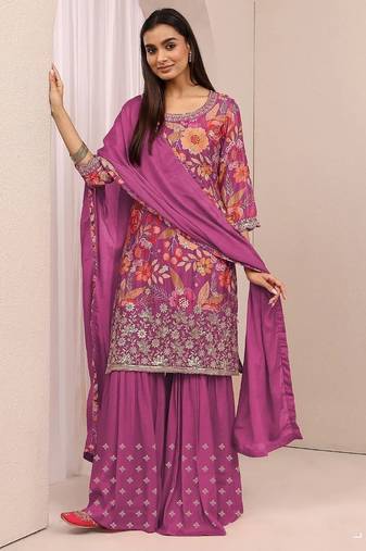 Orchid floral print chinon kurta palazzo set with dupatta