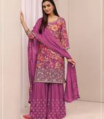 Orchid floral print chinon kurta palazzo set with dupatta