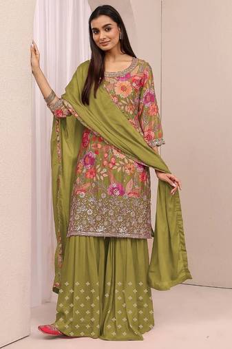 Mehendi floral print chinon kurta palazzo set with dupatta