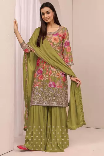 mehendi floral print chinon kurta palazzo set with dupatta
