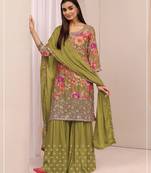 Mehendi floral print chinon kurta palazzo set with dupatta