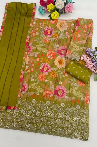 mehendi floral print chinon kurta palazzo set with dupatta