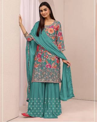 Teal floral print chinon kurta palazzo set with dupatta 1