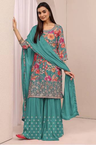 teal floral print chinon kurta palazzo set with dupatta