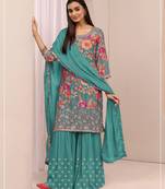 Teal floral print chinon kurta palazzo set with dupatta