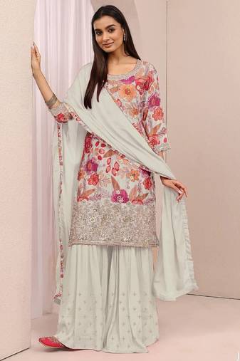 off white floral print chinon kurta palazzo set with dupatta
