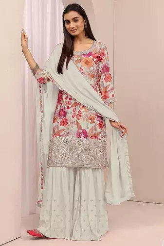 Off white floral print chinon kurta palazzo set with dupatta