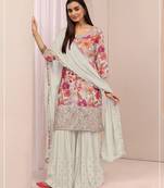 Off white floral print chinon kurta palazzo set with dupatta