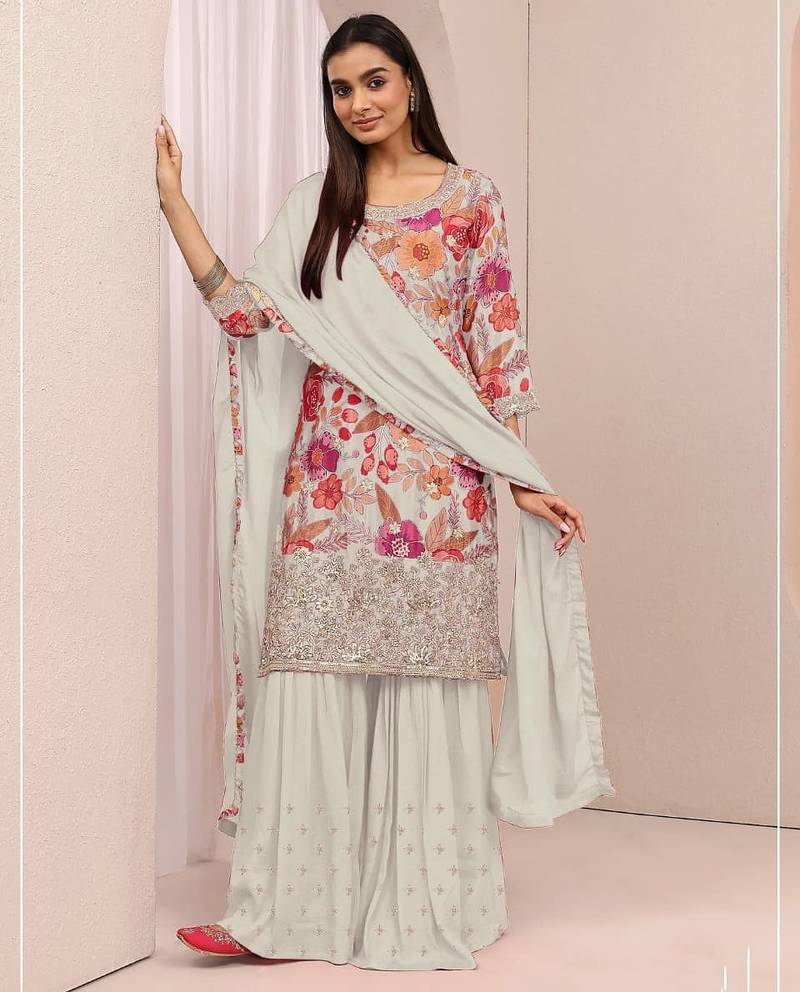 Off white floral print chinon kurta palazzo set with dupatta