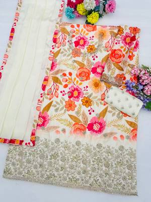 Off white floral print chinon kurta palazzo set with dupatta 2